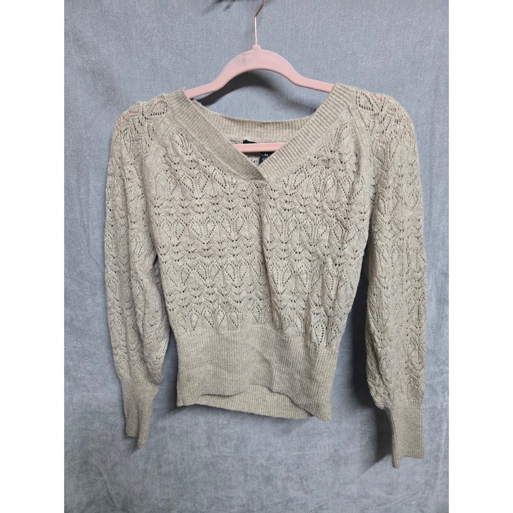 White House Black Market Gold Metallic Pointelle‎ V-Neck Puff Sleeve Sweater XS